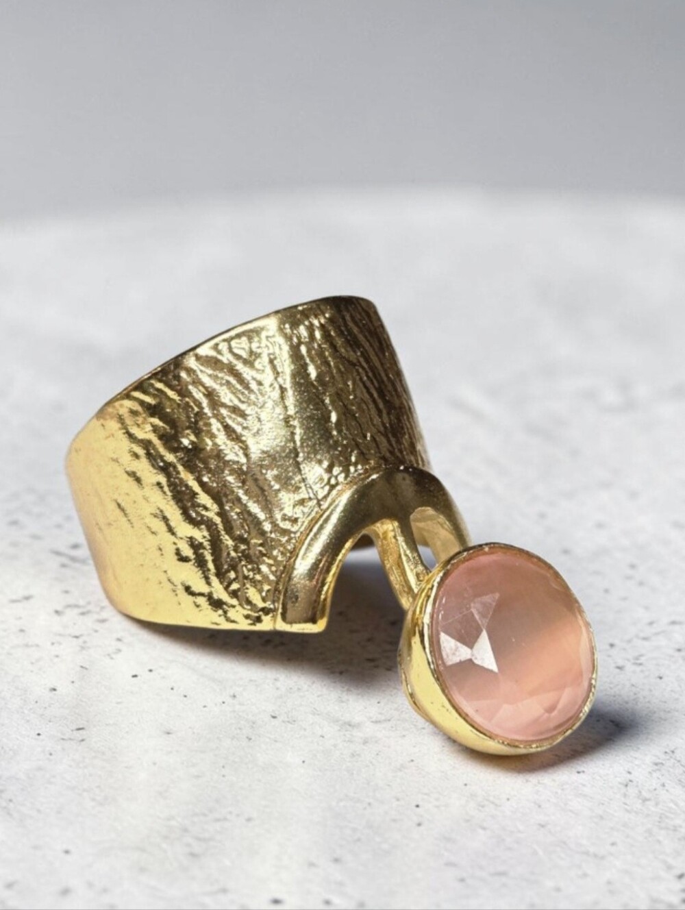 18k Gold Plated Artisan Tree Bark Textured Pastel Pink Tourmaline Crystal Ring